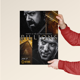 Billions TV show poster by Dripster featuring main characters and cityscape with series premiere date